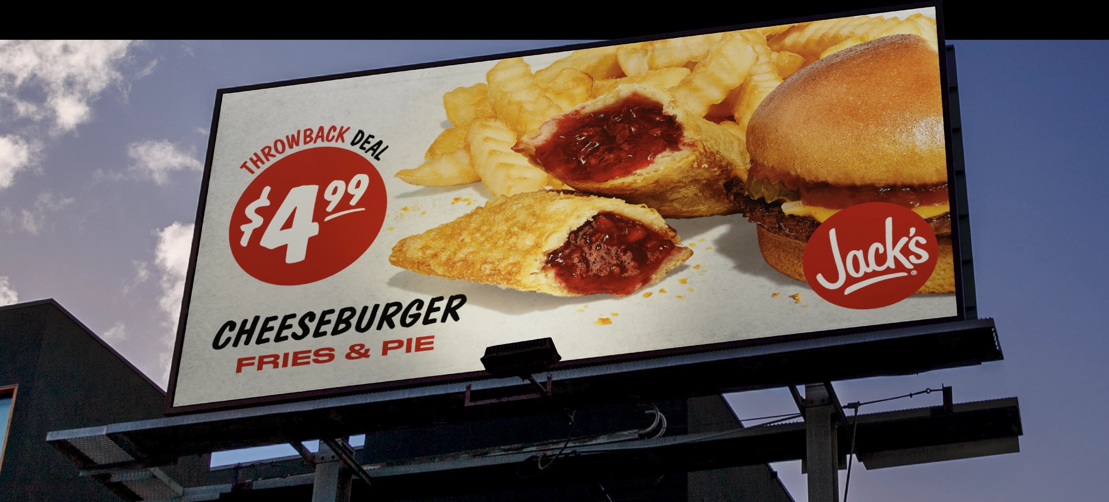 Jack's Billboard with a Cheeseburger, fried pies, and french fries. Throwback deal $4.99.