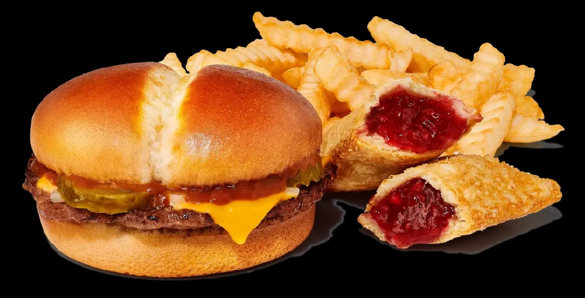 Cheeseburger, fried pies, and french fries.